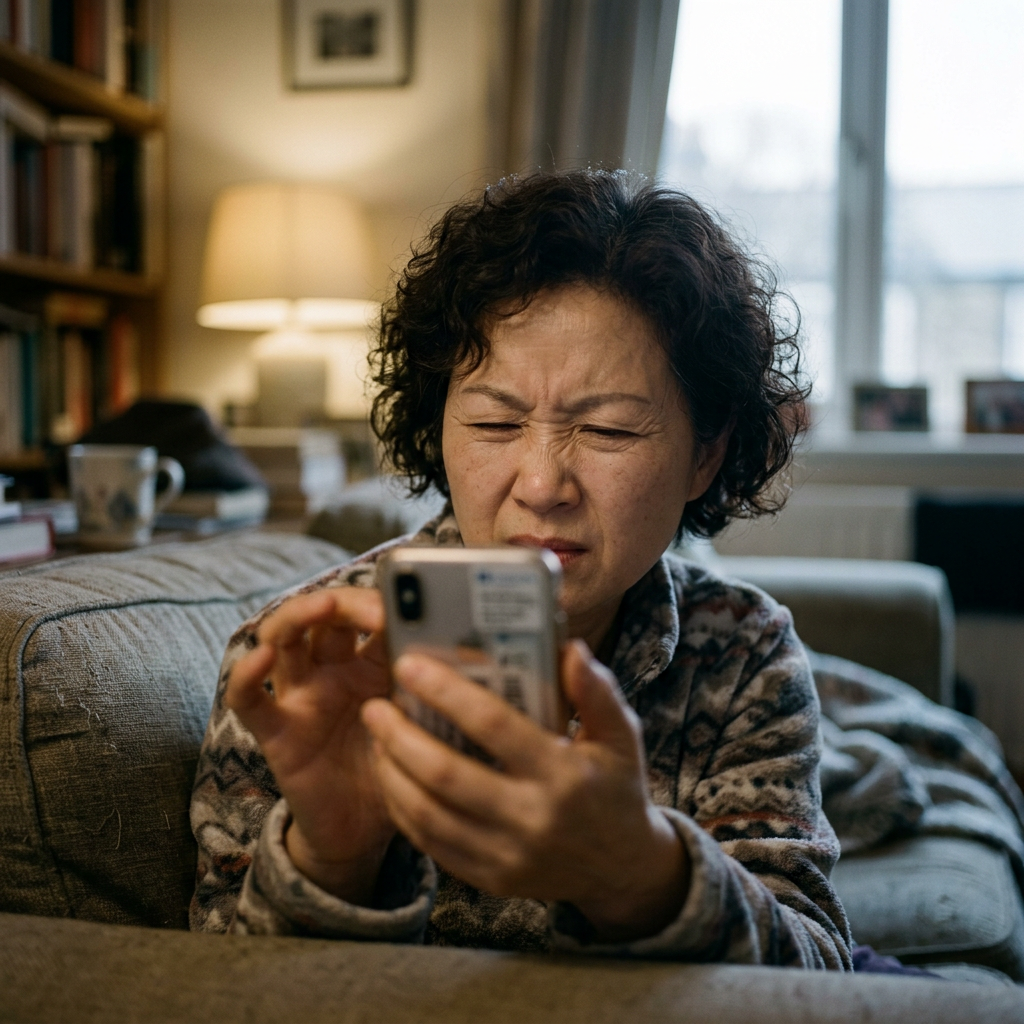 Person with poor eyesight squinting indoors